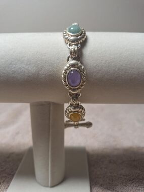 Judith Ripka sterling silver jade bracelet green purple yellow 8 inches 39 grams